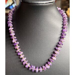VTG Amethyst & Gold Beaded Necklace 16” Purple Gemstone 10k barrel gold‎ clasp